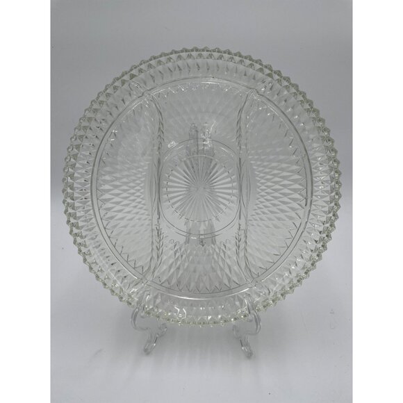 Vintage Clear Glass Divided Serving Tray With Intricate Diamond Cut Pattern & Sc - Picture 1 of 4